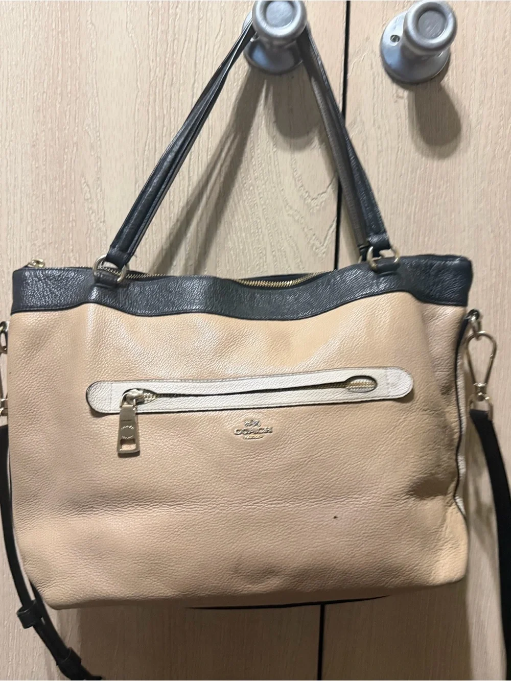 Coach Two-Tone Pebble Leather Shoulder Bag - Beige and Black